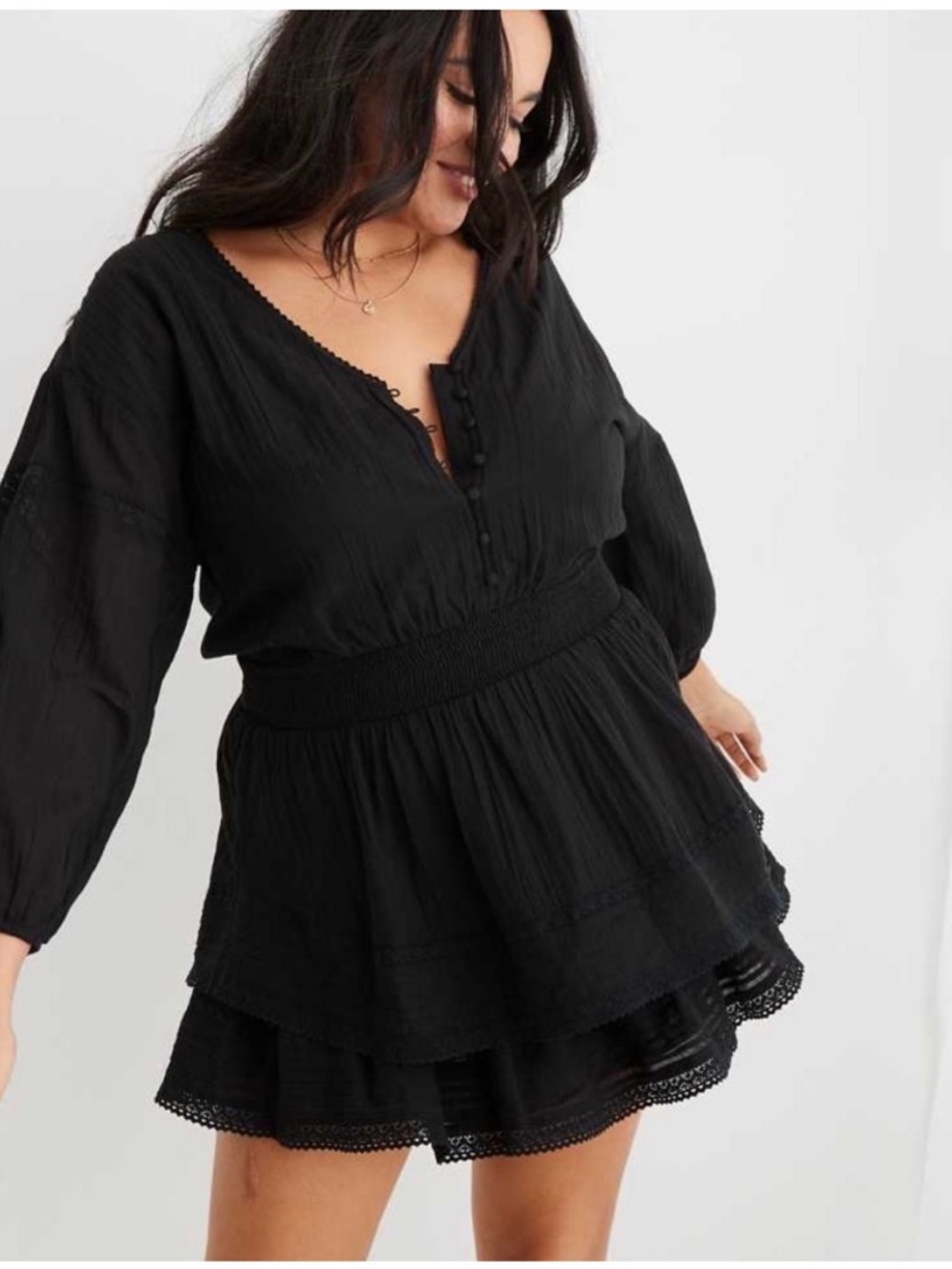 Aerie Women’s Black Rock N’ Ruffle Tiered Smocked Waist Long Sleeved Mini Dress